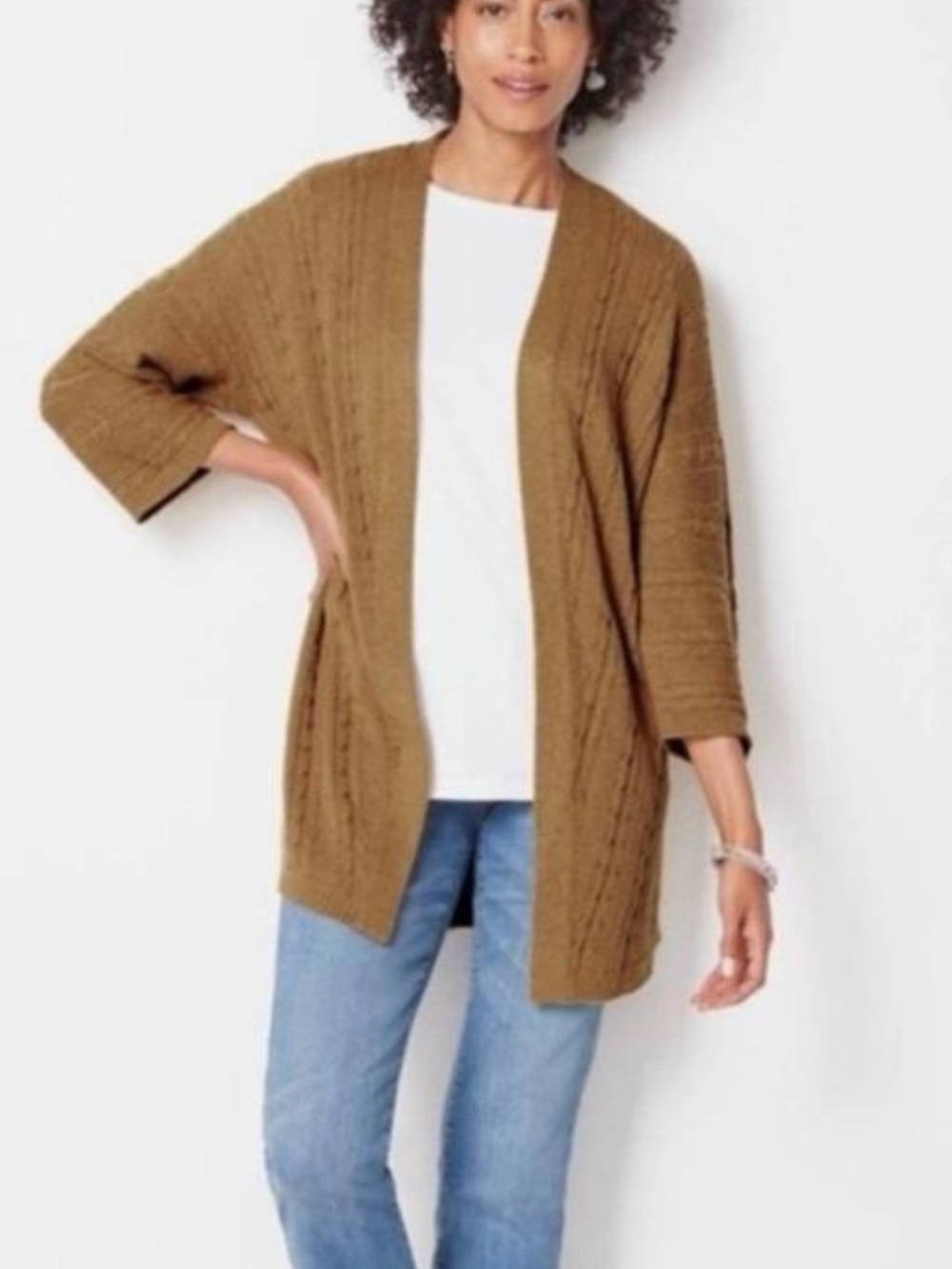 J. Jill Cable-Knit Open-Front Cardigan½ Sleeves Sweater Cotton Blend Mustard L
